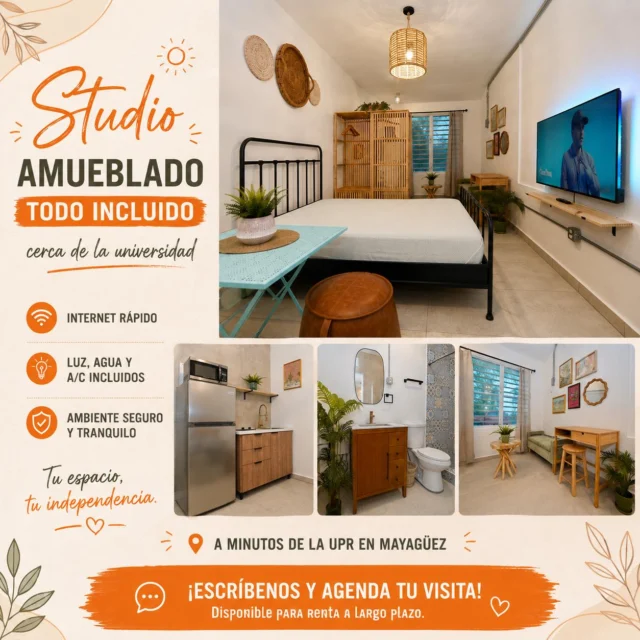 Studio amueblado todo incluido cerca de UPRM.

¡Vive cerca de la universidad!

Apartamento tipo studio completamente amueblado, ubicado a minutos de la Universidad de Puerto Rico en Mayagüez.

Ideal para estudiantes universitarios o jóvenes profesionales que buscan comodidad, privacidad y una ubicación conveniente.

Incluye agua, energía eléctrica, internet de alta velocidad, aire acondicionado, Smart TV, nevera, estufa eléctrica, limpieza mensual, cámaras de seguridad e iluminación exterior.

El apartamento fue recientemente remodelado y cuenta con espacios diseñados para estudiar, descansar y disfrutar tu independencia. Tiene área de sala, espacio para estudio o trabajo, closet, comedor, cocina y baño con ducha.

Mide aproximadamente 270 pies cuadrados y está distribuido para aprovechar al máximo cada espacio.

El estacionamiento es en la calle y normalmente hay espacios disponibles. Próximamente contará con lavandería de monedas.

Buscamos personas responsables, cuidadosas y respetuosas que valoren un ambiente tranquilo y seguro.

Disponible para renta a largo plazo.

Los espacios cerca de la universidad suelen alquilarse rápido. Escríbenos por mensaje privado con la palabra “STUDIO” para recibir fotos, disponibilidad y precio. 

#studio #apartamento #colegio #uprmayagüez #uprm